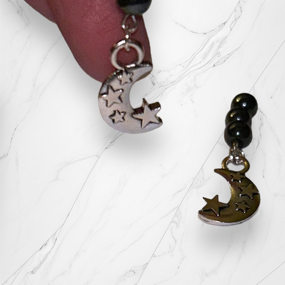 Hand Crafted Earrings Hematite Moon & Star Dangle Pierced Silver Gray Grey - Picture 5 of 9